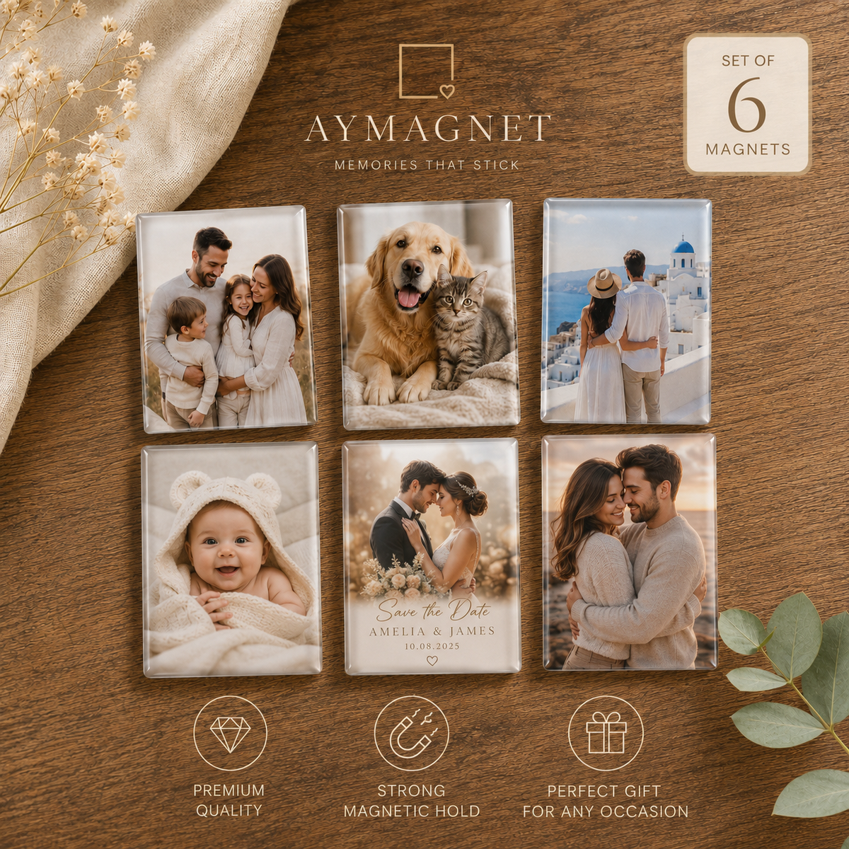 Fridge photo magnets, classic photo, 50 × 50 mm square, set of 6
