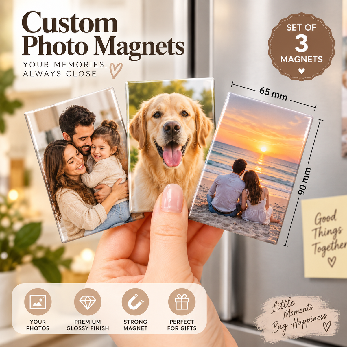 Fridge photo magnets, classic photo, 65 × 90 mm rectangle, set of 3