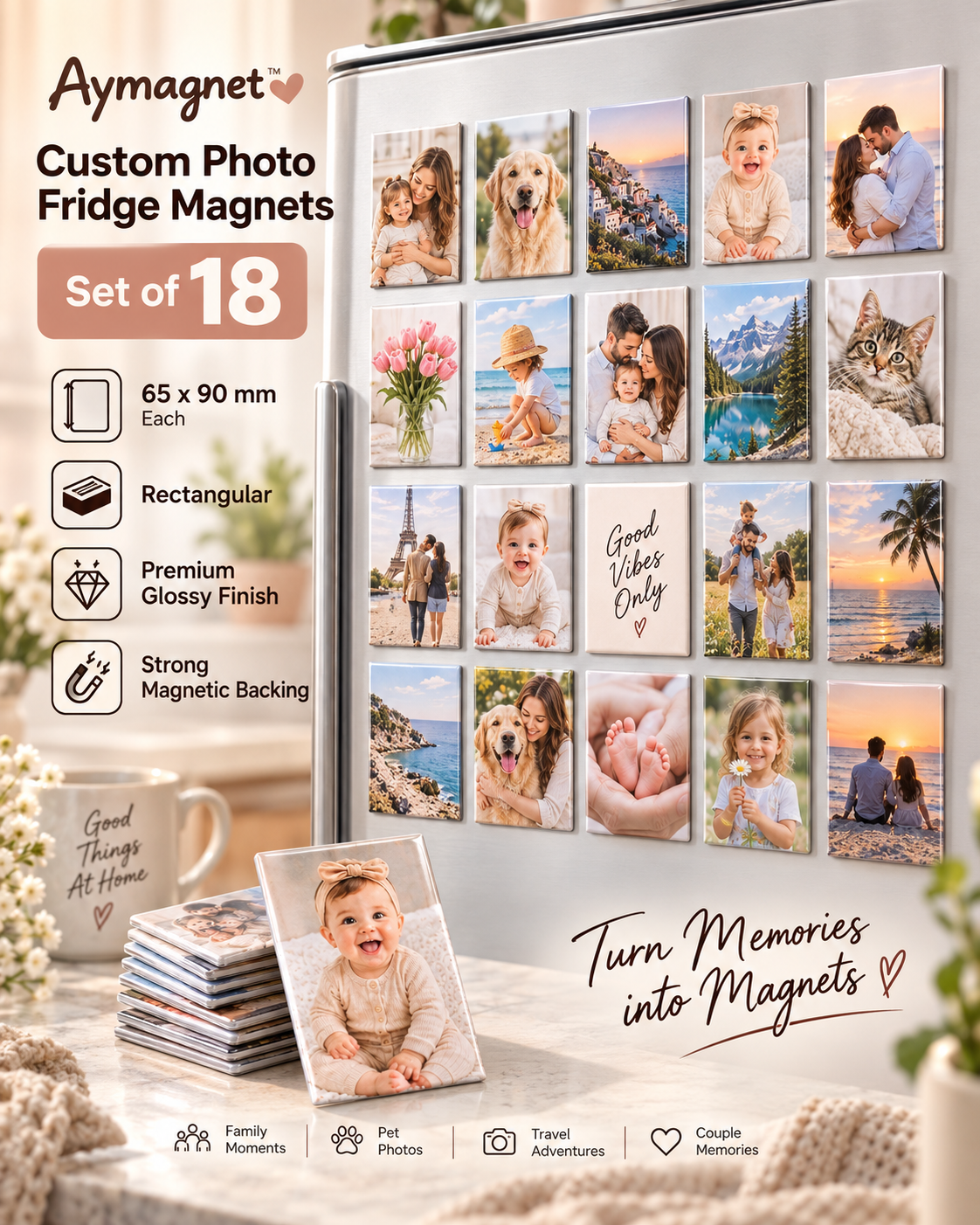 Fridge photo magnets, classic photo, 65 × 90 mm rectangle, set of 18
