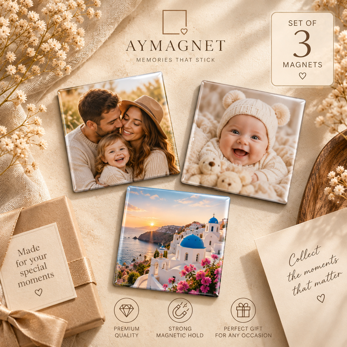 Fridge photo magnets, classic photo, 50 × 50 mm square, set of 3
