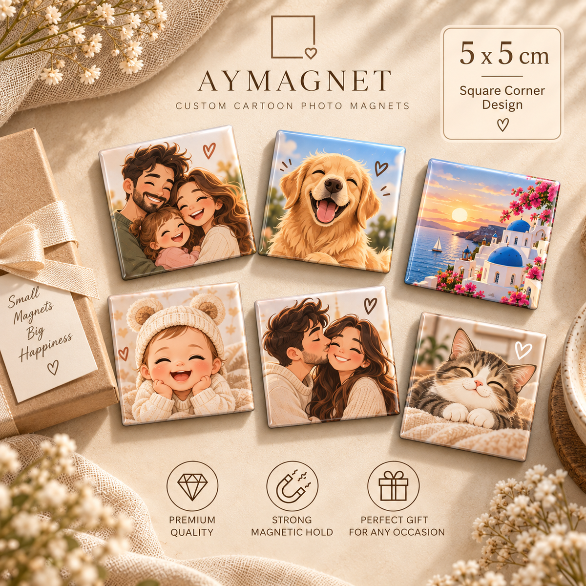 Fridge photo magnets, AI cartoon, 50 × 50 mm square, set of 6