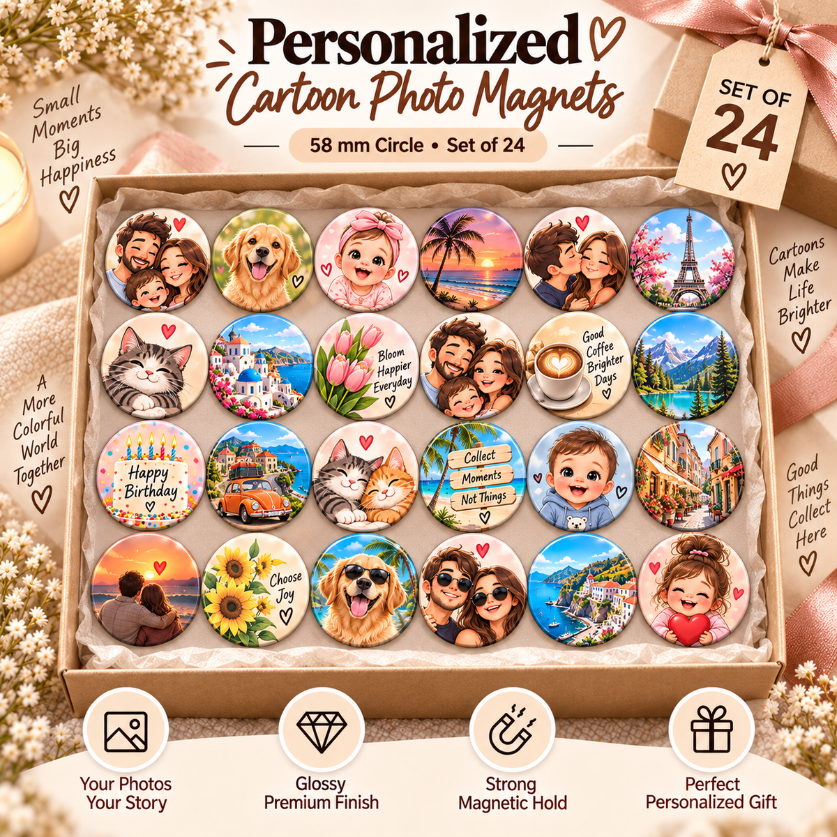 Fridge photo magnets, AI cartoon, 58 mm round, set of 24