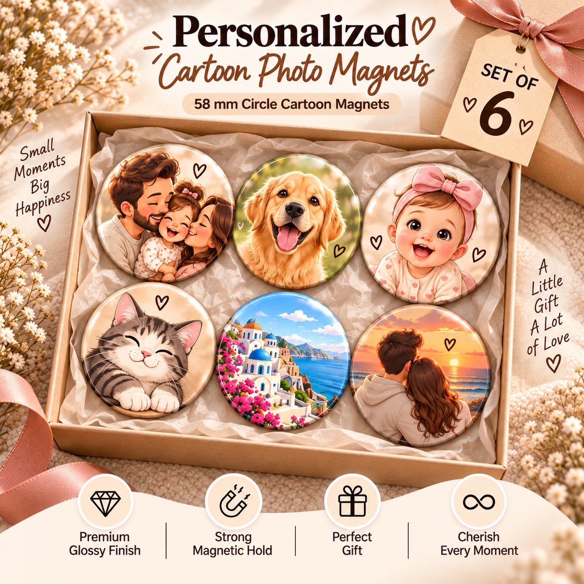 Fridge photo magnets, AI cartoon, 58 mm round, set of 6