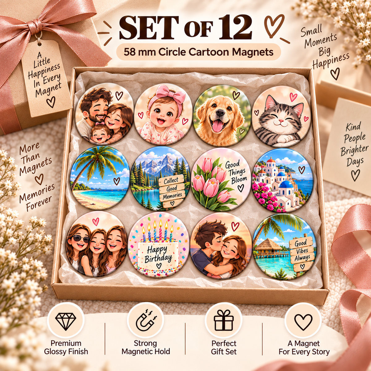 Fridge photo magnets, AI cartoon, 58 mm round, set of 12