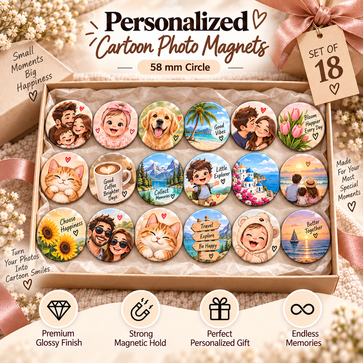 Fridge photo magnets, AI cartoon, 58 mm round, set of 18