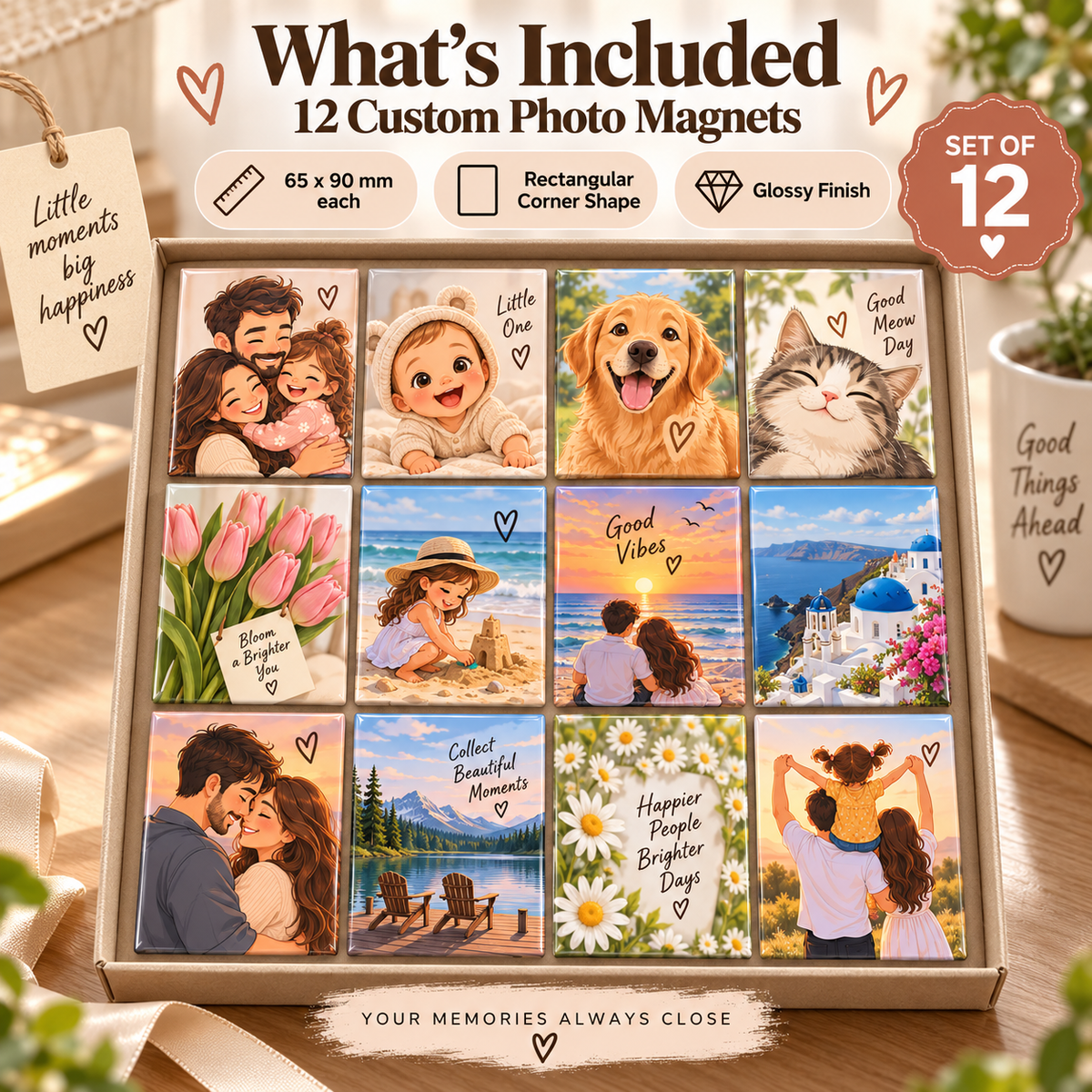 Fridge photo magnets, AI cartoon, 65 × 90 mm rectangle, set of 12