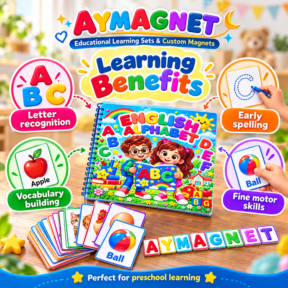 Aymagnet learning set with picture cards and colorful letter tiles