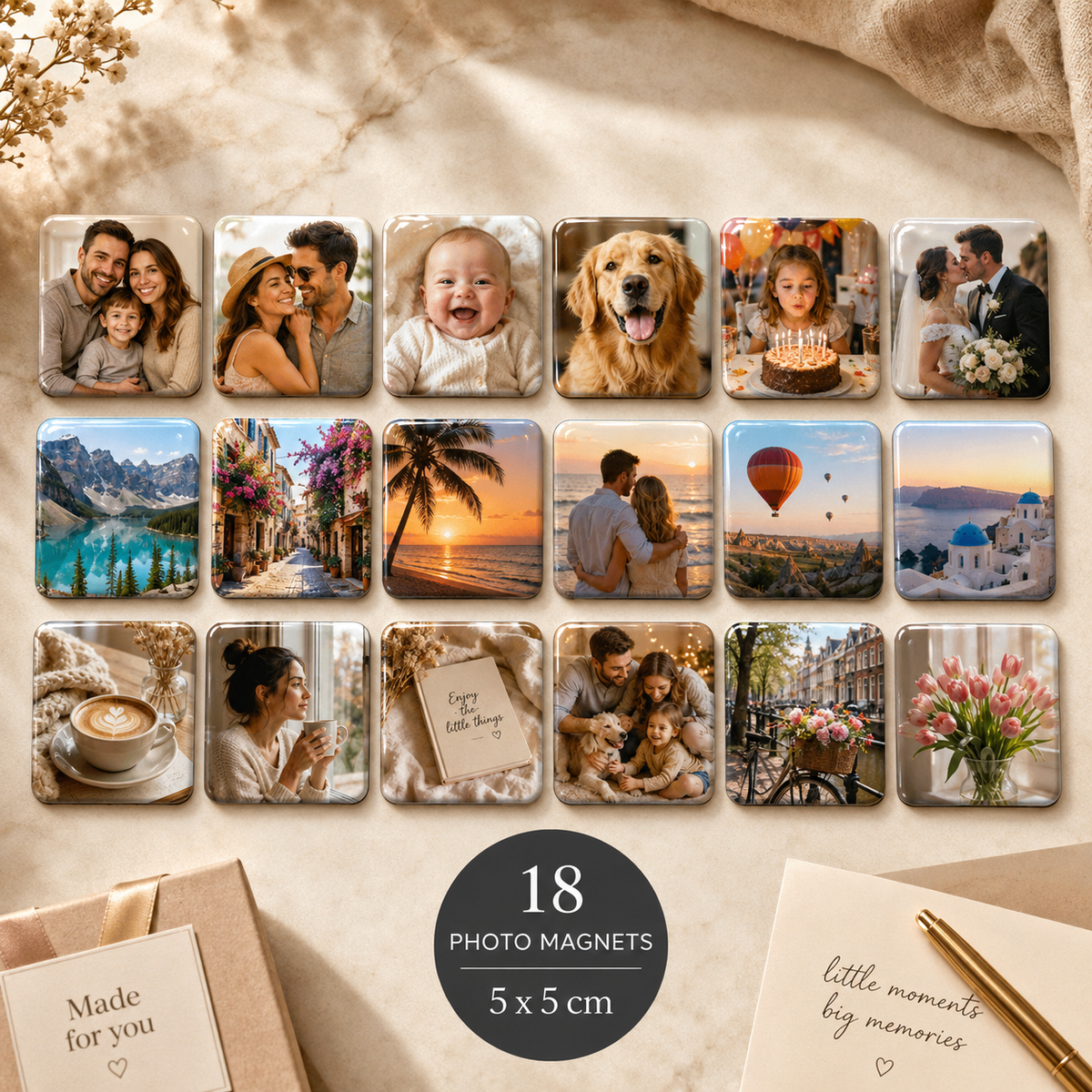 Fridge photo magnets, classic photo, 50 × 50 mm square, set of 18
