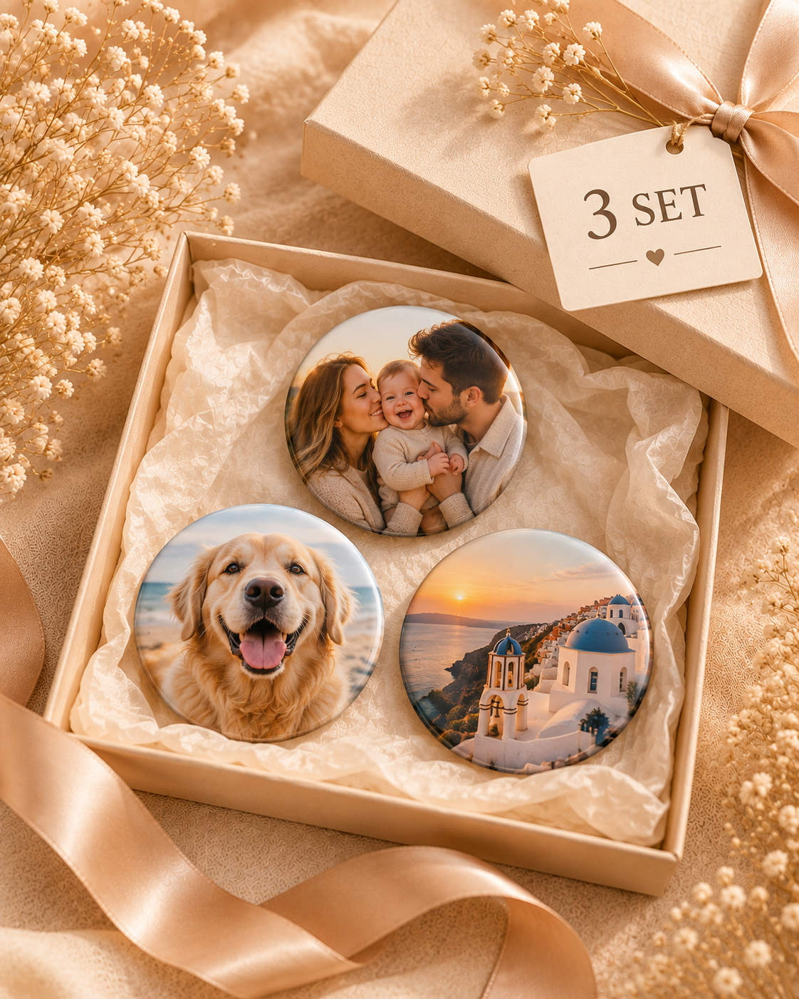 Fridge photo magnets, classic photo, 58 mm round, set of 3