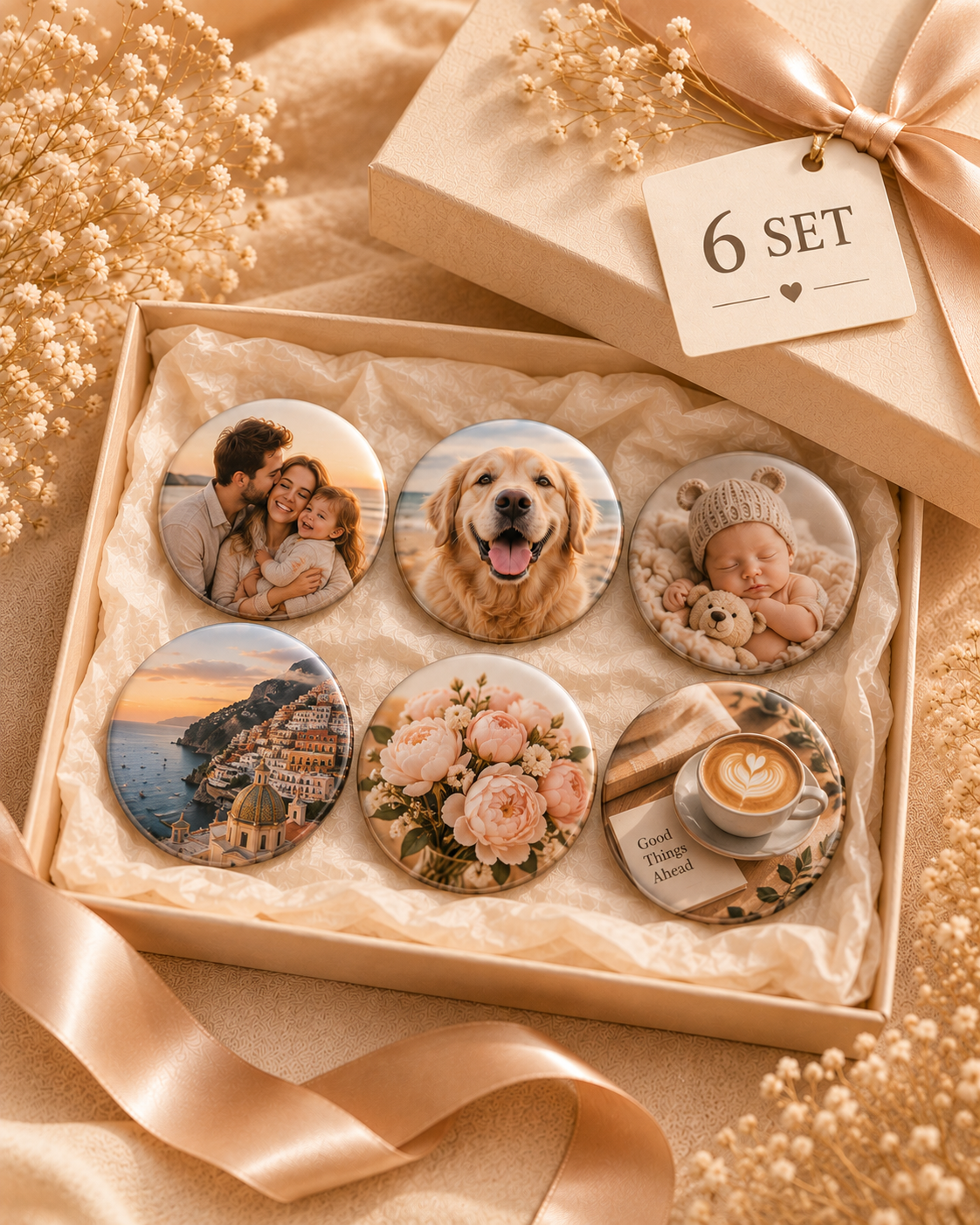 Fridge photo magnets, classic photo, 58 mm round, set of 6