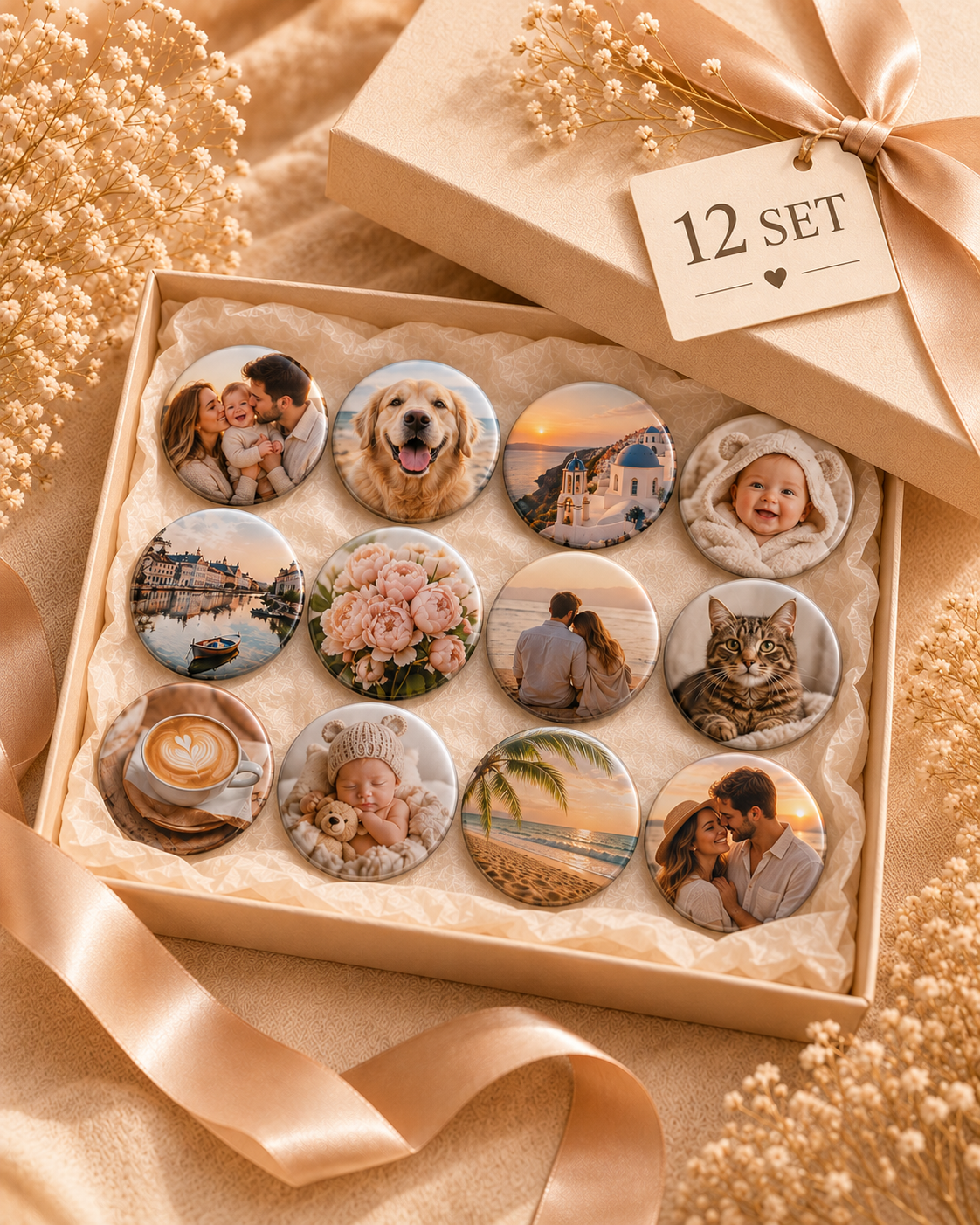 Fridge photo magnets, classic photo, 58 mm round, set of 12