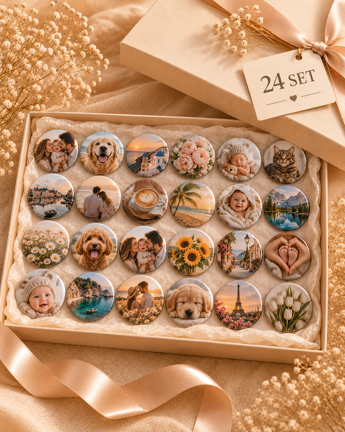 Fridge photo magnets, classic photo, 58 mm round, set of 24